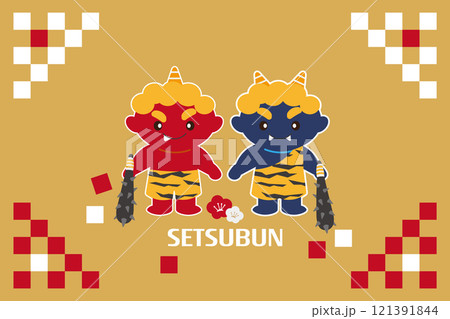 赤と白の四角の背景の節分のイラスト 横 121391844