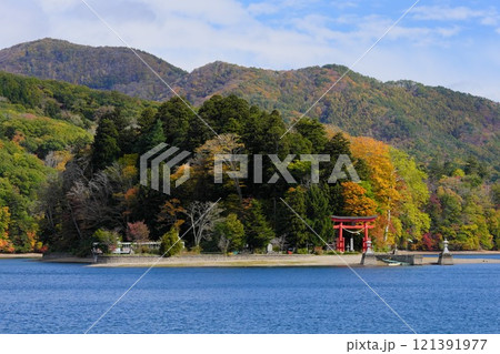 秋の信州信濃町 青い野尻湖の弁天島（宇賀神社）黄葉進む 121391977