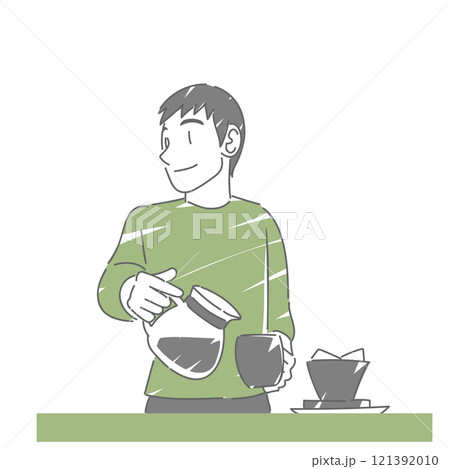 マグカップにコーヒーを注ぐ男性 121392010