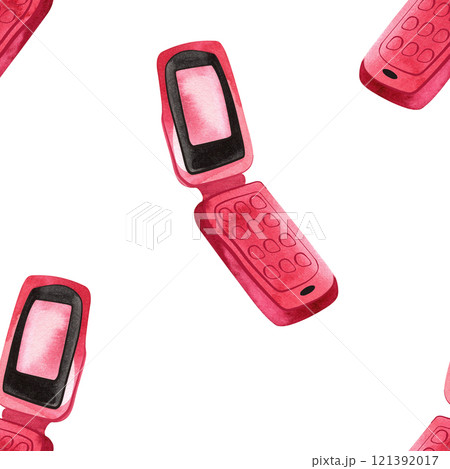 Pink glamorous women's flip phone. Noughties rom-com aesthetics. Watercolor seamless pattern for wrapping paper or textile. 121392017