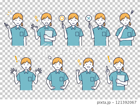 Facial expression variation set of a woman wearing a polo shirt _ illustration 121392067
