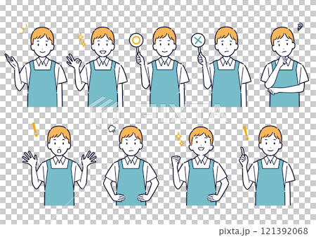 Facial expression variation set of a man wearing an apron _ illustration 121392068