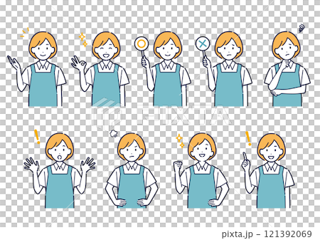 エプロンを着た女性の表情バリエーションセット＿イラスト 121392069