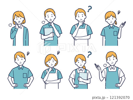 考えたり悩んだりする介護士のイラストセット＿上半身 121392070