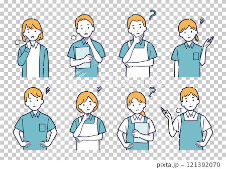 考えたり悩んだりする介護士のイラストセット＿上半身 121392070