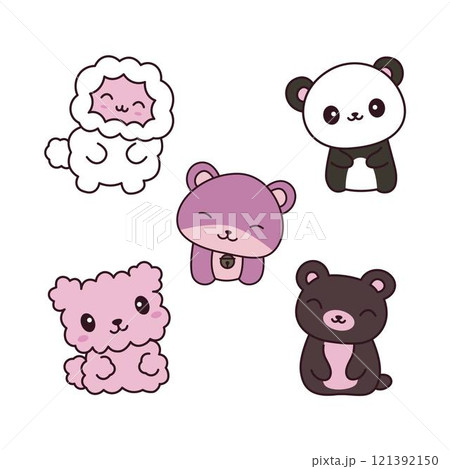 Set of Cheerful Cute Funny Teddy Bear Dog Puppy Sheep Animal Mascot Cartoon Character Tilting Head 121392150