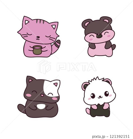 Set of Cheerful Cute Funny Cat Kitten Koala Panda Animal Mascot Cartoon Character Tilting Head 121392151