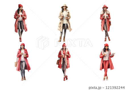 Woman Holding a Coffe Watercolor Collection Bundle Set Isolated on a Transparent Background 121392244