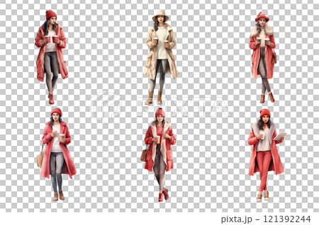 Woman Holding a Coffe Watercolor Collection Bundle Set Isolated on a Transparent Background 121392244