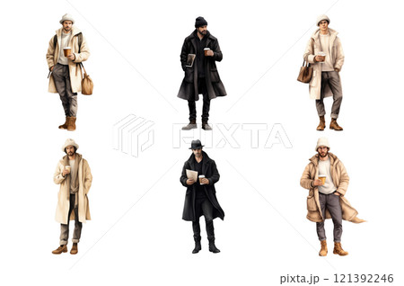 Man Holding a Cofee Watercolor Collection Bundle Set Isolated on a Transparent Background 121392246