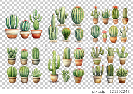 Cactus Collection Watercolor Collection Bundle Set Isolated on a Transparent Background 121392248