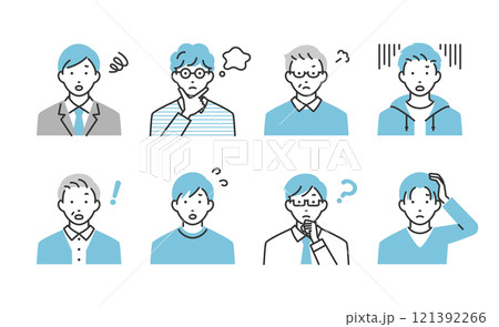 男性のネガティブな表情のアイコンセット 121392266