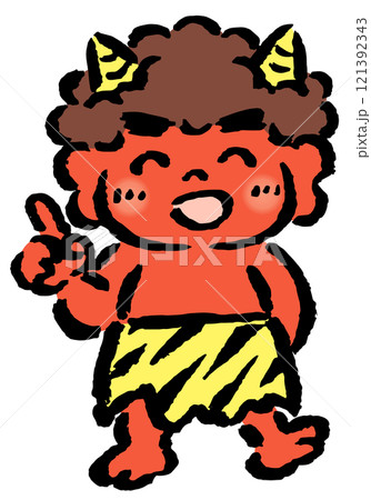 指差しポーズをする赤鬼　筆タッチ手描きイラスト 121392343