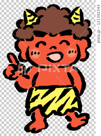 指差しポーズをする赤鬼　筆タッチ手描きイラスト 121392343