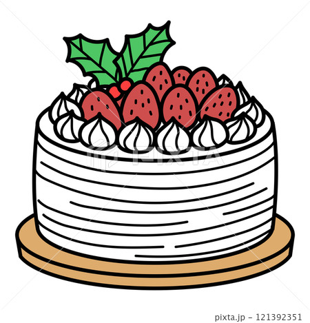 お皿に乗ったイチゴと生クリームのホールケーキ 121392351