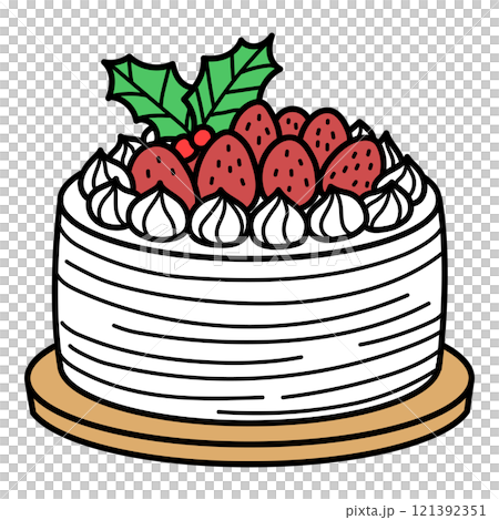 お皿に乗ったイチゴと生クリームのホールケーキ 121392351