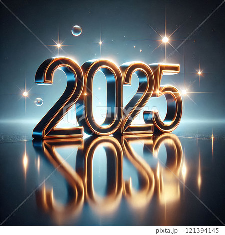 青い光を背景に光沢のある2025年のロゴ 121394145