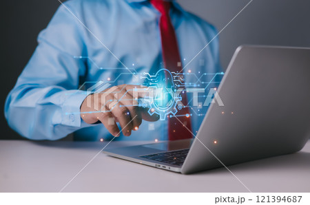 Intelligence artificial futuristic and technology development, Symbolic, Machine learning, AI network of brain on business analysis, Software for chat with AI, Businessman hand point to brain of AI. Intelligence artificial futuristic and technology development, Symbolic, Machine learning, AI network of brain on business analysis, Software for chat with AI, Businessman hand point to brain of AI. 121394687
