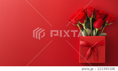 Red roses in gift box with ribbon on vibrant red background 121395106