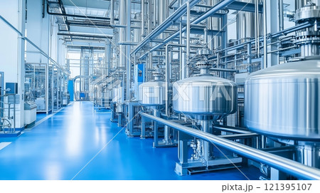Modern industrial facility with stainless steel machinery and bright blue flooring 121395107