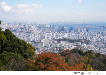 神戸・六甲山系の高取山から見た紅葉の神戸市街地（2024年12月撮影） 121395139