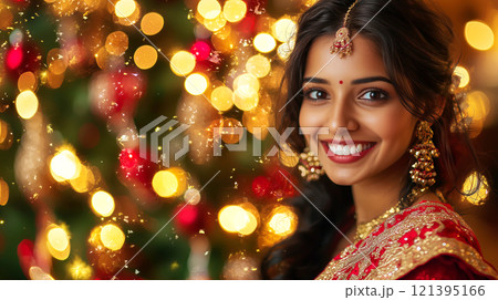 Festive portrait of smiling indian woman in red sari with illuminated background 121395166