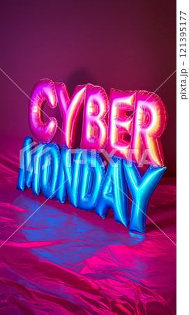 Vibrant CYBER MONDAY balloon letters on reflective surface 121395177