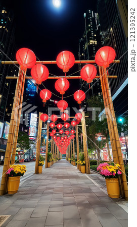 Vibrant red lanterns illuminate urban night street Vibrant red lanterns illuminate urban night street 121395242
