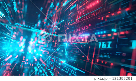 Futuristic digital network with vibrant neon lights and data streams 121395291