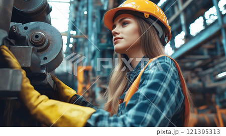 Young female engineer observing machinery in industrial factory setting Young female engineer observing machinery in industrial factory setting 121395313