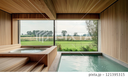 Indoor spa with wooden interior and swimming pool overlooking scenic countryside 121395315