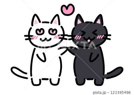 ラブラブな手描きの白猫と黒猫のイラストのイラスト素材 [121395496