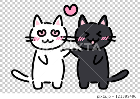ラブラブな手描きの白猫と黒猫のイラストのイラスト素材 [121395496