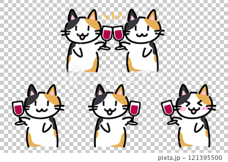 Hand-drawn illustration set of calico cats toasting with wine 121395500