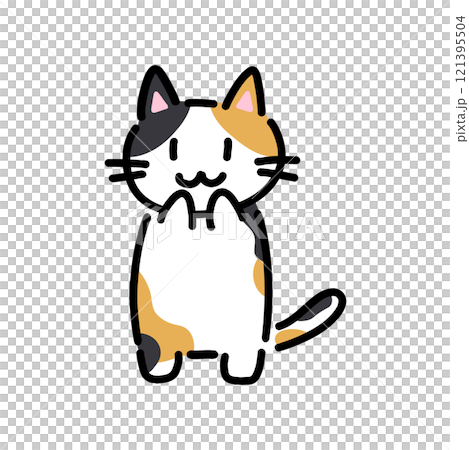 猫のキャラクター手描きイラスト 手を口元にあてる手描きの三毛猫のイラストのイラスト素材 [121395504