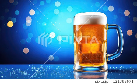 《AI画像》青い背景とジョッキに注がれたビール 121395671