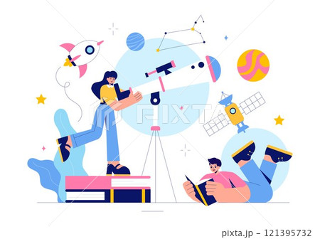 Astronomy Vector Illustration featuring People Observing a Starry Night Sky with Galaxies and Planets in Outer Space Using Telescopes in a Background 121395732