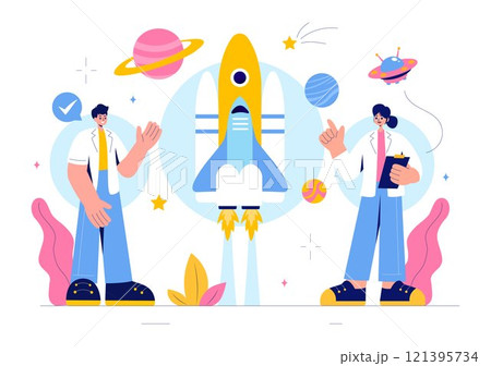 Astronomy Vector Illustration featuring People Observing a Starry Night Sky with Galaxies and Planets in Outer Space Using Telescopes in a Background Astronomy Vector Illustration featuring People Observing a Starry Night Sky with Galaxies and Planets in Outer Space Using Telescopes in a Background 121395734