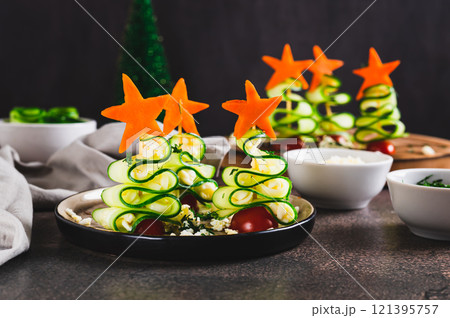 Snack trees made of cucumbers, tomatoes and cheese on a plate on the table Snack trees made of cucumbers, tomatoes and cheese on a plate on the table 121395757