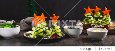 Snack trees made of cucumbers, tomatoes and cheese on a plate on the table web banner Snack trees made of cucumbers, tomatoes and cheese on a plate on the table web banner 121395761