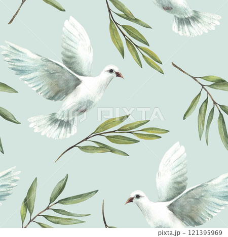 Pigeon and green olive branches seamless pattern. White flying dove bird, symbol of peace. Watercolor Hand drawn illustration for Easter, baptism, packaging, wallpaper on Isolated coloured background Pigeon and green olive branches seamless pattern. White flying dove bird, symbol of peace. Watercolor Hand drawn illustration for Easter, baptism, packaging, wallpaper on Isolated coloured background 121395969