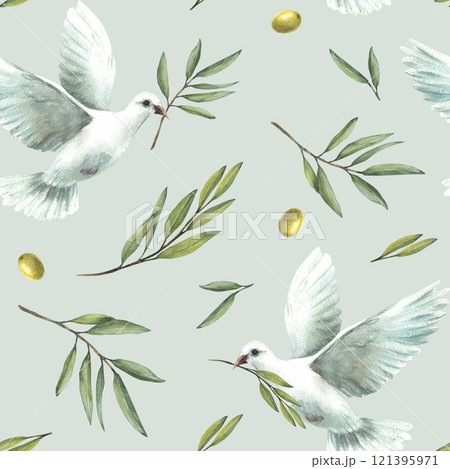 Pigeon with olive tree branch, green leaves and berries. Watercolor seamless pattern. White flying dove bird Painted illustration for wedding, Baptism, religious fabric on isolated coloured background 121395971