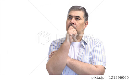 Man Deep in Thought - Decision Making Concept - Isolated on White Background 121396060
