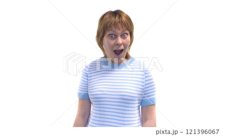 A young woman extremely surprised with wide eyes and a stunned expression. Isolated on a white background. 121396067