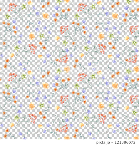 Delicate flowers, herbs soft orange, blue colors watercolor seamless pattern isolated. Abstract meadow blooms on repeated background hand drawn. Simple botanical texture for textile, wallpaper. 121396072
