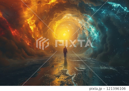 Abstract composition symbolizing astral travel. Lucid dreaming. Inner world. Connection with space. Astral travel, meditation, mystical delight, state of psychokinesis. Magic energy show. Copy space 121396106
