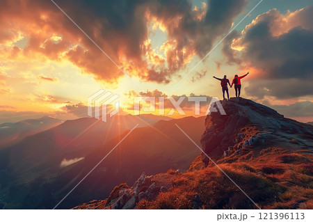 A couple of lovers stands on the top of a mountain with their arms raised and enjoys the last sunset. The atmosphere of romance and freedom. Advertising travel, romantic tours or wedding services A couple of lovers stands on the top of a mountain with their arms raised and enjoys the last sunset. The atmosphere of romance and freedom. Advertising travel, romantic tours or wedding services 121396113