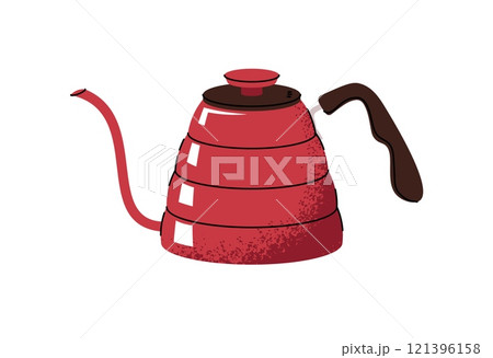 Red coffee pot. A kettle with a long spout for preparing hot aromatic coffee drinks. Flat cartoon illustration isolated on white background Red coffee pot. A kettle with a long spout for preparing hot aromatic coffee drinks. Flat cartoon illustration isolated on white background 121396158