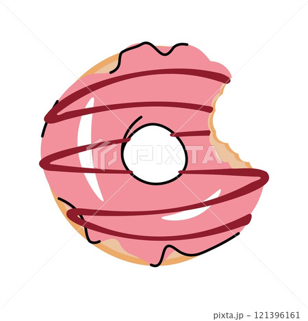 Sweet Sweet bitten donut donut, doughnut ring with strawberry icing. Flat cartoon illustration isolated on white background Sweet Sweet bitten donut donut, doughnut ring with strawberry icing. Flat cartoon illustration isolated on white background 121396161