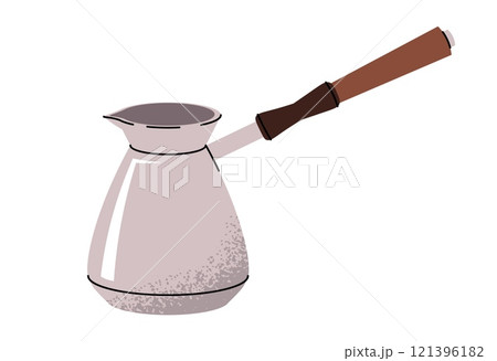 Cezve with handle. Turkish coffee maker for making hot coffee drinks. Flat cartoon illustration isolated on white background 121396182